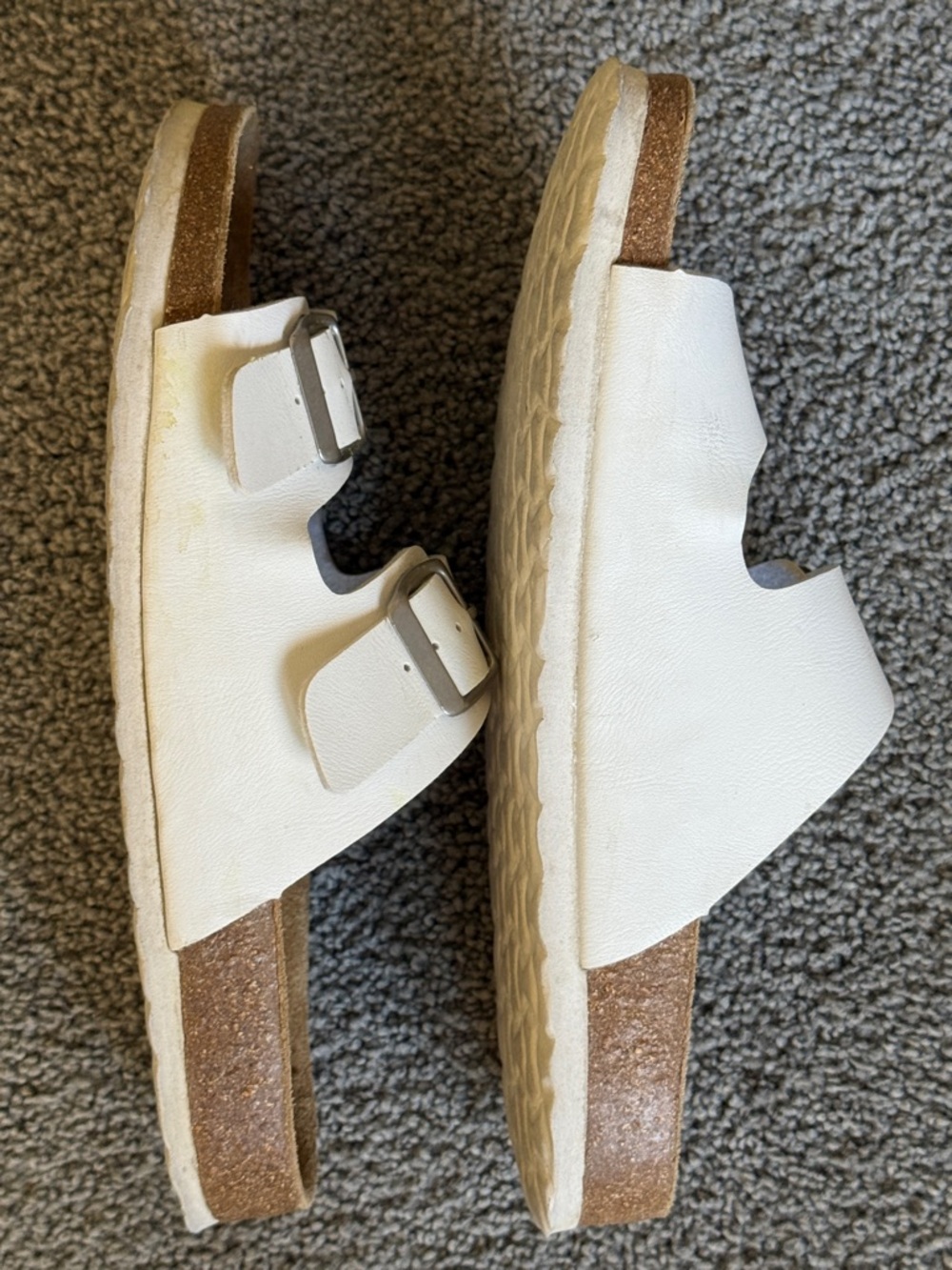 Double-Strap Slide Sandals. White w/Silver Tone Buckles. Leather Insole. Size 8M - Picture 5 of 6